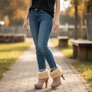 Ugg Georgette Nubuck Leather Sheepskin Shearling Ankle Boots Heels Shoes size 5